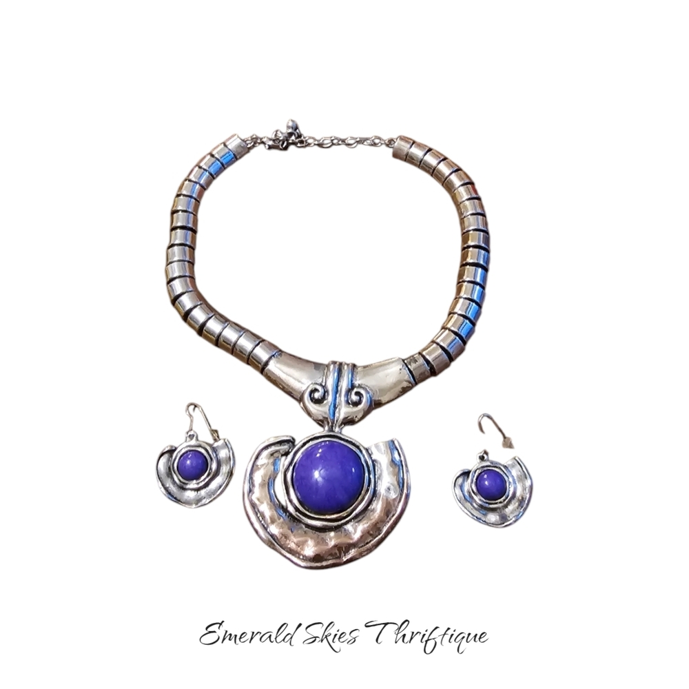 Silver Tone Adjustable Necklace with‎ Purple Stone Pendant And Matching Earrings